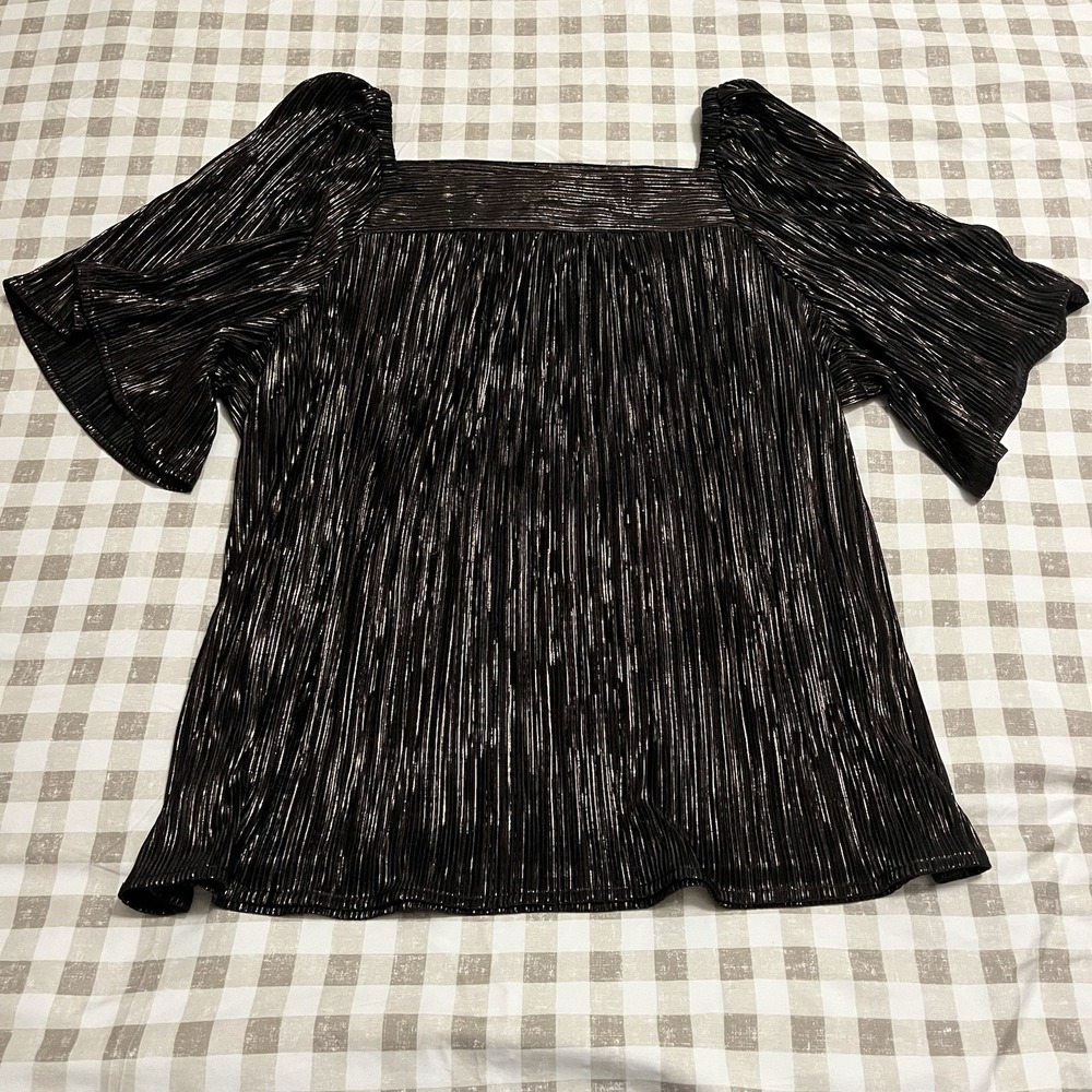 Ann Taylor Women M Black Gold Crinkle Pleat Shimmer Blouse Flare Sleeve‎